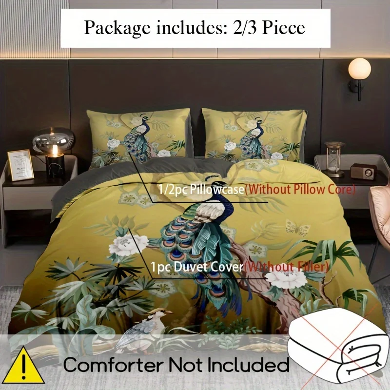 2pcs/3pcs Duvet Cover Set (1 Duvet Cover + 1pc/2pcs Pillowcase, Without Core), 3D Elegant and Gorgeous Retro Peacock Flowers
