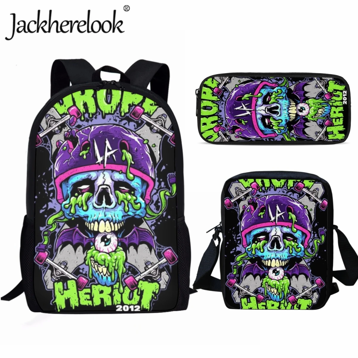 Jackherelook Cool Skull Pattern Boys School Bag Set Lunch Bag Fashion Casual Travel Backpack For Kids Teenagers Trend Book Bags