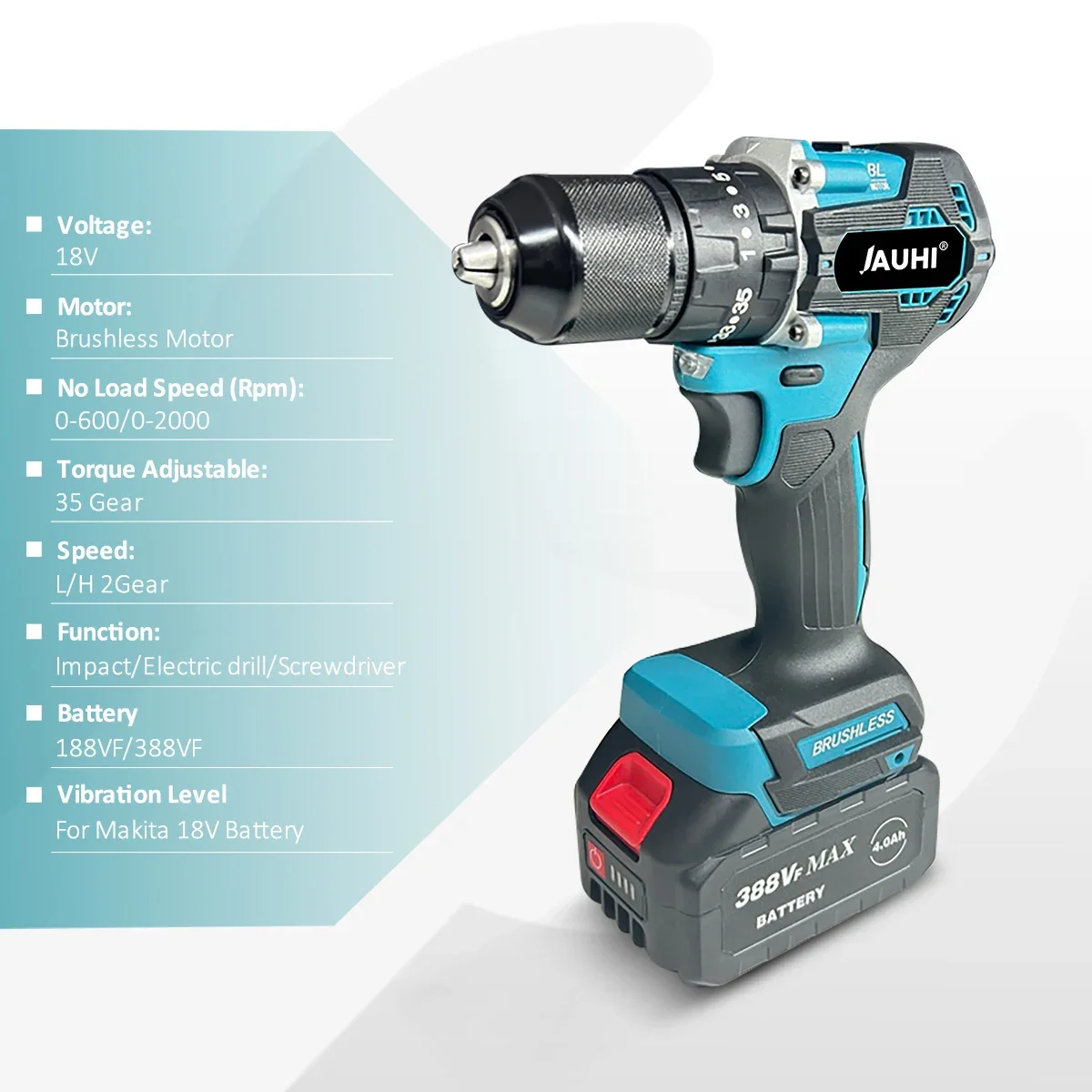 JAUHI 13mm High-Power Brushless Electric Impact Drill with Dual Speed and Adjustable Torque