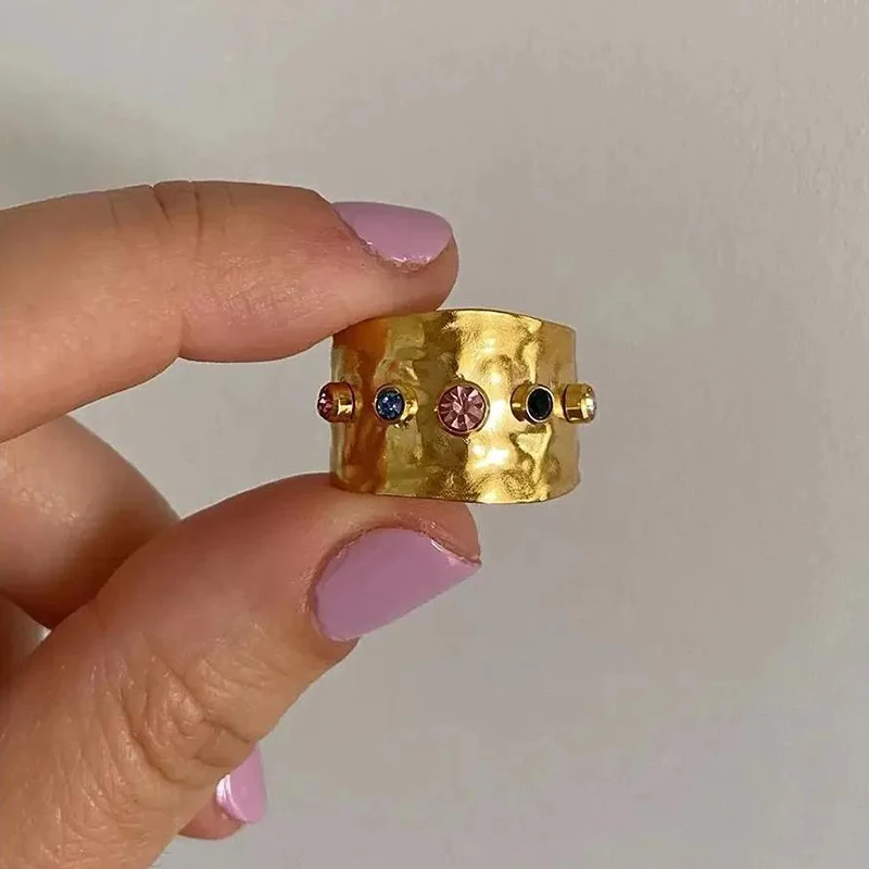 Anello in Acciaio Inossidabile con Zirconia Colorata per Donne, Elegante Anello Aperto Regolabile Vintage, Gioielli per Matrimoni e Feste