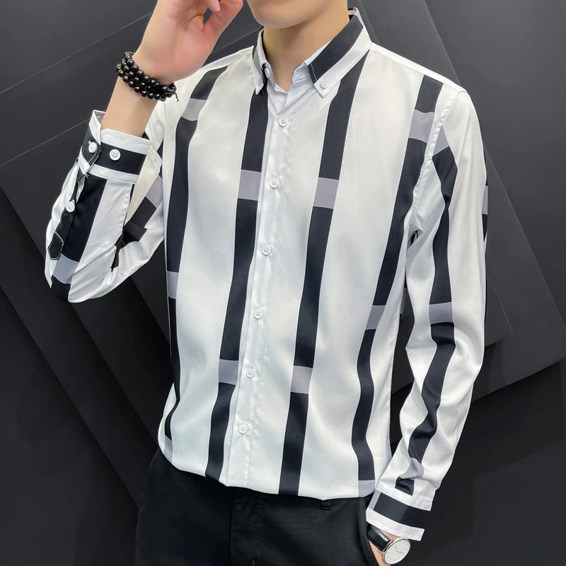 

New Men's Long Sleeve Thin Striped Shirts Classic Casual Slim Single Breasted Tops Plaid Dress Shirt Business Chemise Clothing