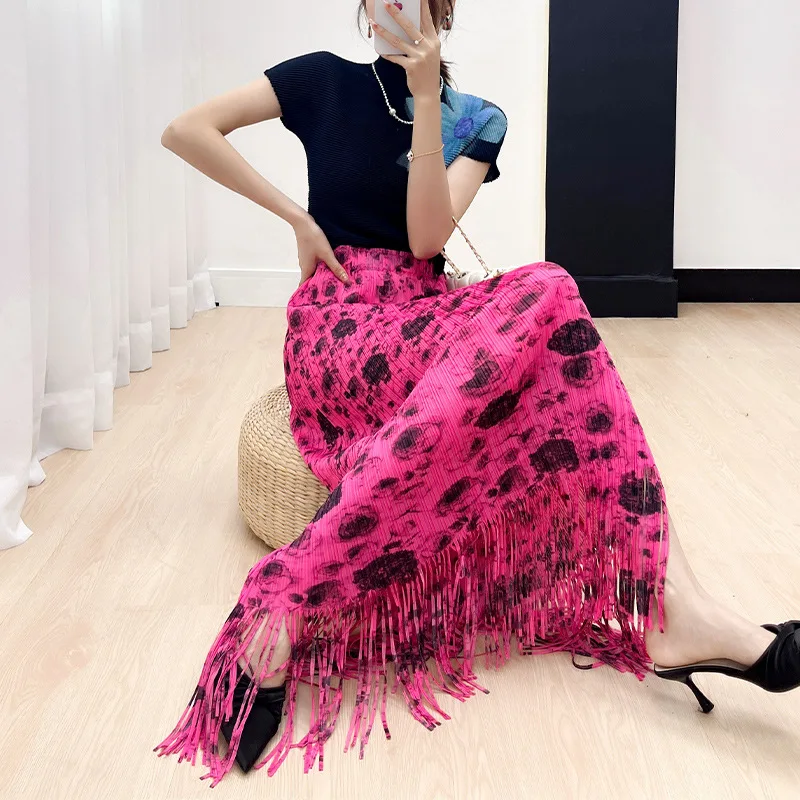 Miyake Style Comfortable Casual Floral Print Slim Fit Elegant Fashion Tassel Skirt Women 2024 Summer New Style