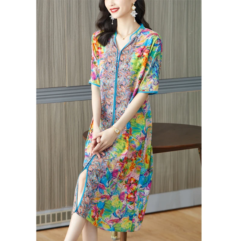 

2023 New Fashion Silk Printed Dress Women's Summer Vintage V-neck 5/4 Sleeve Loose Fit Casual Holiday Dress Vestidos