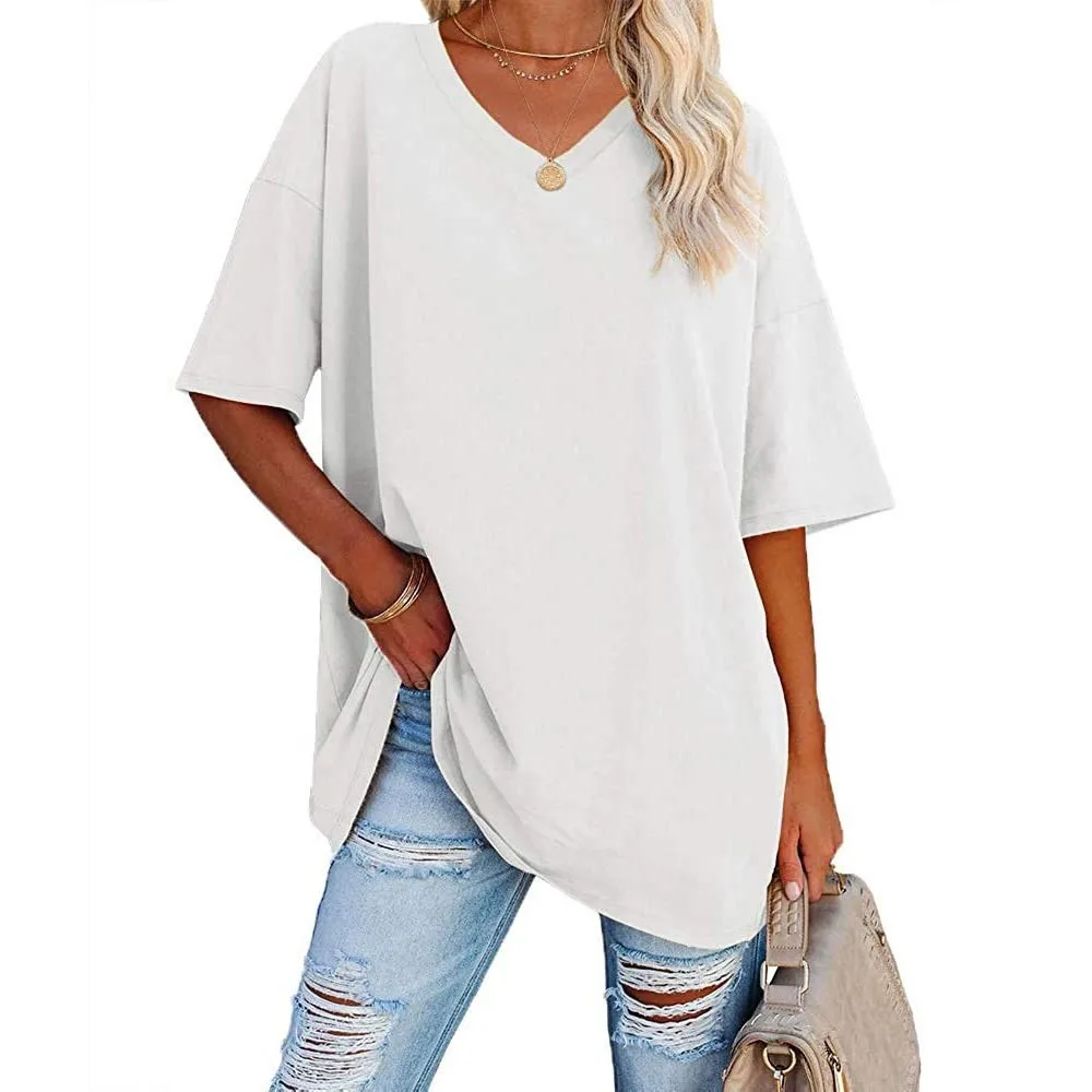 Women's Short Sleeve T Shirt - Cotton Broadcloth Polyester Fabric Top, Loose Fit Tee