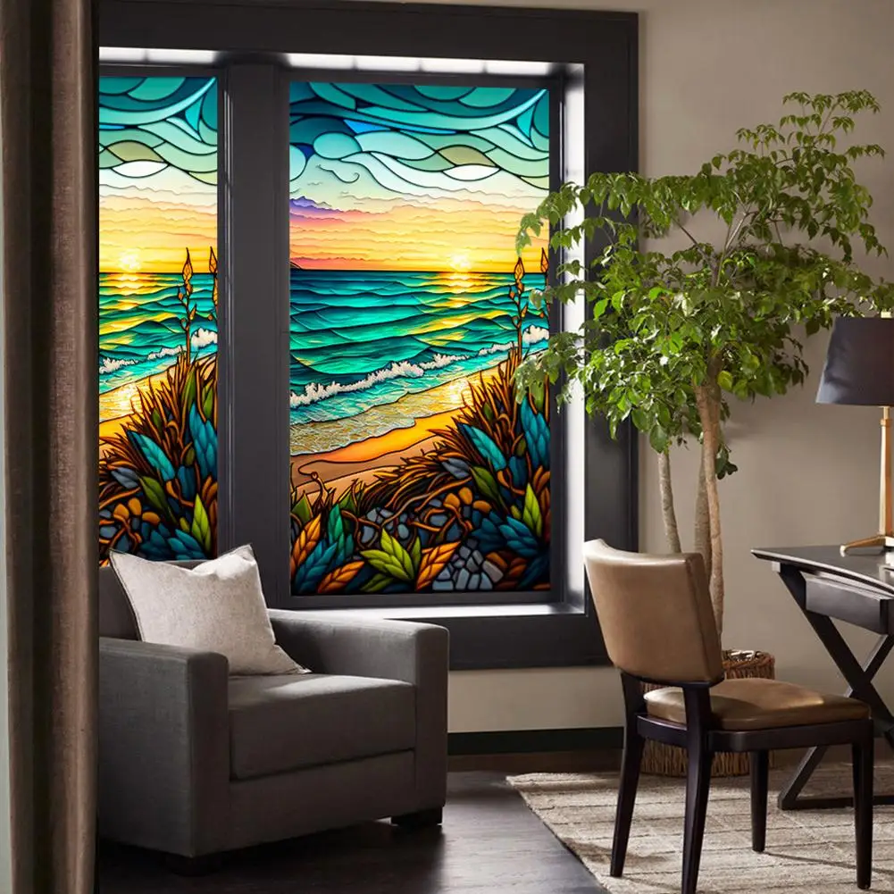 PVC Stained Glass Window Film Non-Adhesive Removable Colorful Seaside Sunset Window Sticker For Glass Decorations