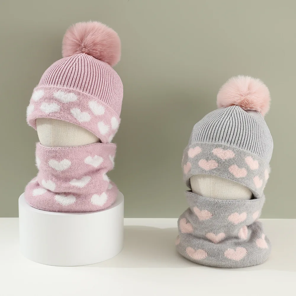 New Love Heart Style Fleece Girls Hat Scarf Set Autumn Winter Thick Velvet Children's Wool Knitted Hat Scarf Set