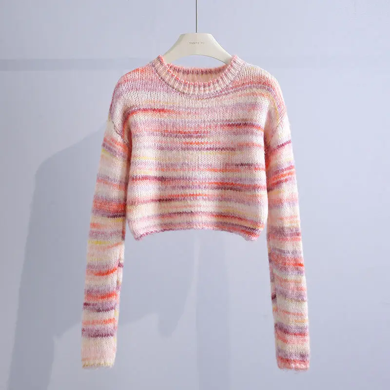 

Зимние пуловеры, плотный вязаный женский Свободный Повседневный Универсальный кардиган, разноцветный полосатый трикотажный свитер с длинным рукавом Q78