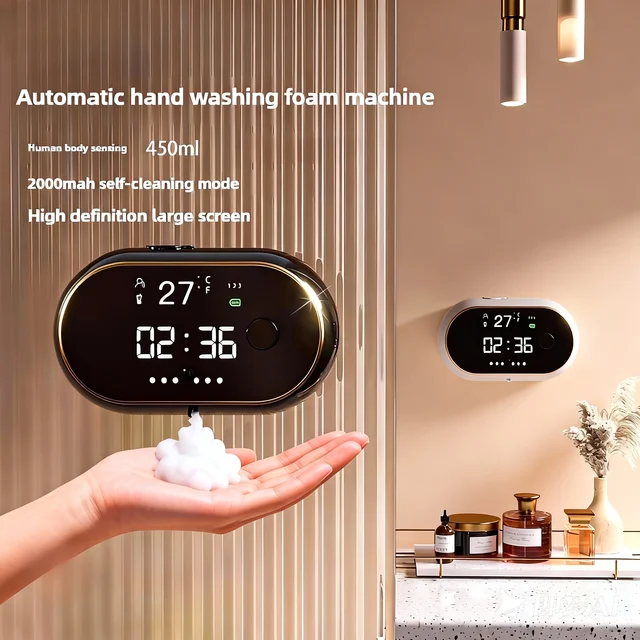 เครื่องจ่ายสบู่โฟมอัตโนมัติแบบชาร์จไฟได้ 400 มล. ติดผนัง แบบไม่ต้องสัมผัส พร้อมเซ็นเซอร์ ปรับปริมาณโฟมได้ หน้าจอ LED สำหรับห้องน้ำและห้องครัว 1