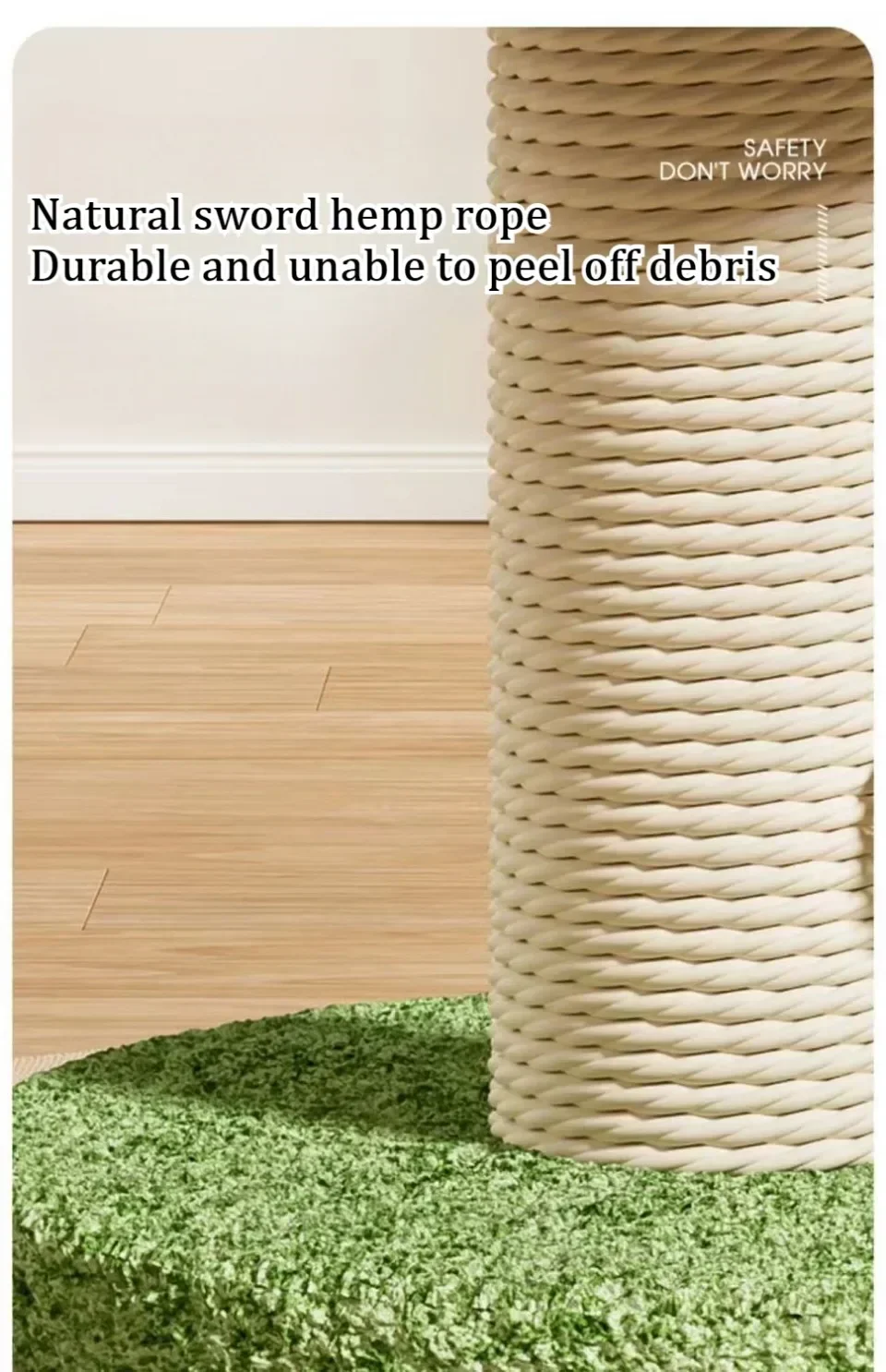 A close-up of the KittyNook Cat Co. Decorative Cat Climbing Post wrapped in beige rope on green carpet.