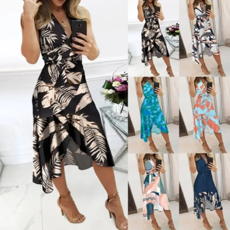 

Summer urban women elegant commuter sexy print V-neck floral slim dress