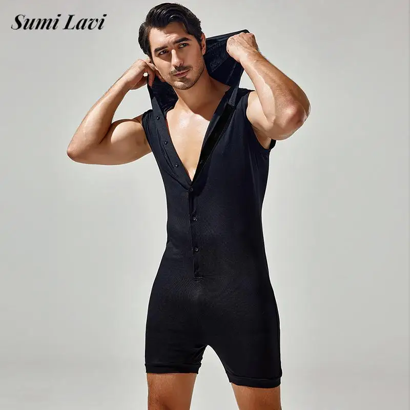 Sexy Pajamas Mens Jumpsuits Slim Fit Elastic Sleeveless Solid Color Bodycon Bodysuits For Men Spring Summer Sleepwear Overalls