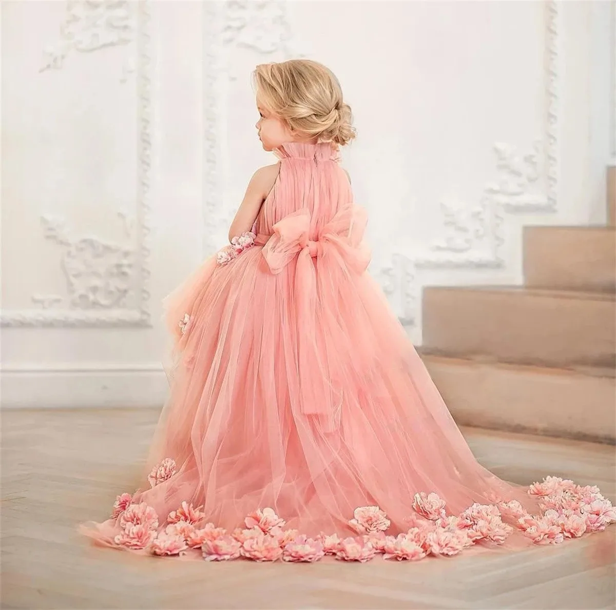 

Pink Cute Simple Flower Girl Dress Applique Sleeveless Bow Wedding Little Children First Communion Celebration Birthday Party