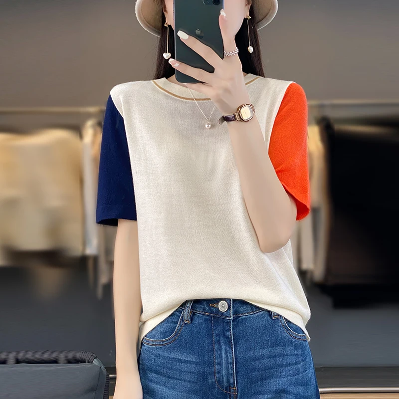 

Contrasted Colors Summer Tshirts Women Patchwork Short Sleeve Thin Knitted Tops Elegant Loose Pullover O-neck Tee