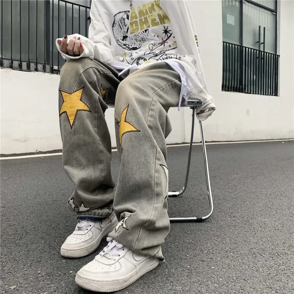 Handsome Jeans Boys and Girls Trendy XINGX Pattern Loose Slimming and Straight Wide-Leg Pants Zipper Casual Trousers