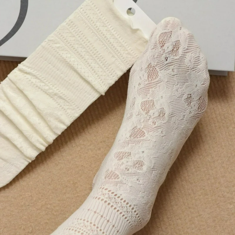Retro Summer Lace Flower Woman Socks Sweet Lolita JK Pile Solid Color Hollowed Out Long Loose Socks Casual Comfortable Sockings