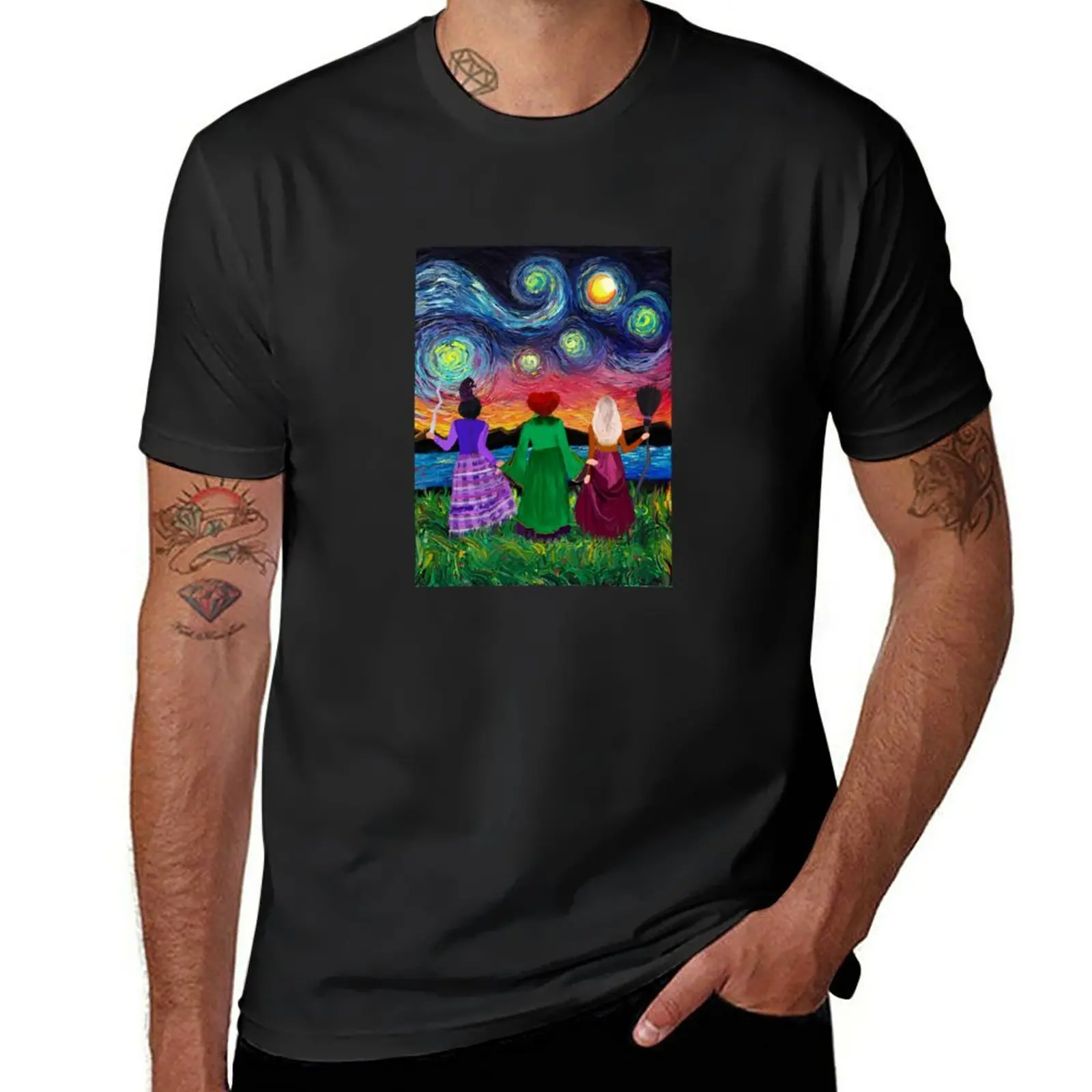 New Hocus Pocus Sanderson Sisters In Starry Night Painting T-Shirt Ragazzi Magliette Bianche Magliette Grafiche Da Uomo Divertenti