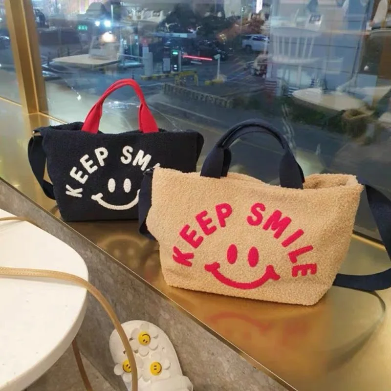 

Korean Ins Plush Tote Bag Cute Smiling Face Print Women Shoulder Bag Warm Cloth Handbag for Girl Student Books Shopper Bag 2022