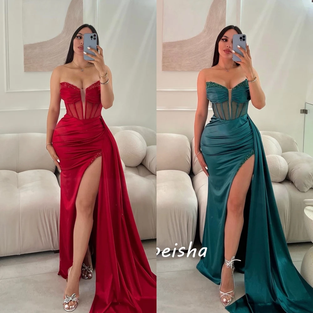Sexy High Quality Strapless A-line Celebrity Dresses Paillette / Sequins Shirred Floor length Skirts Charmeuse Evening 
