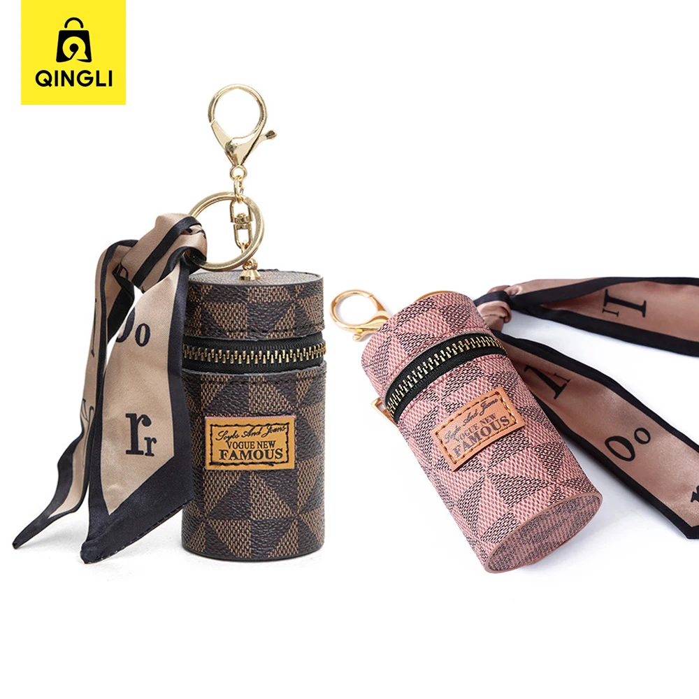 

Trend Cylindrical Lipstick Coin Purse Women Portable Key chain Bag Pendant Fashion Checked Pattern Earphone Key Bag Mini Wallet