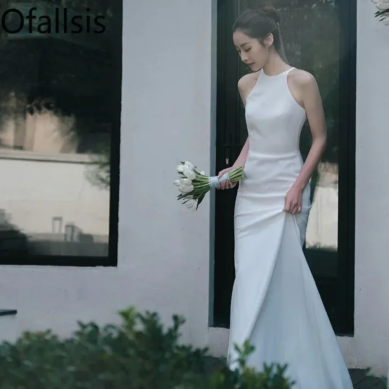 

Ofallsis White Sleeveless Halter Neck Wedding Dress 2024 Bride Going Out Light Gauze Satin Simple Trail Gauze Fishtail Dresses