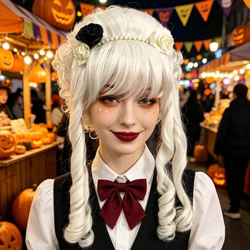 Parrucca Sintetica Bianca Ricciolata Stile Gotico Rococò Vittoriano per Donna, Accessorio per Capelli per Halloween, Lolita, Cosplay e Feste