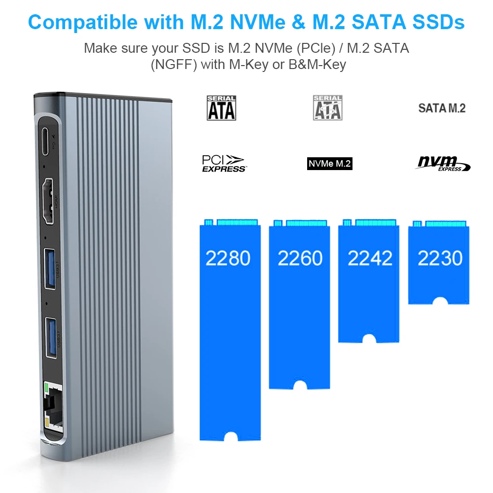 6 in 1 M2 NVME NGFF SSD Enclosure USB Adapter USB 3.1 Gen 2 10Gbps SSD Reader with HD 4K 1000M LAN PD100W HUB NVMe Case