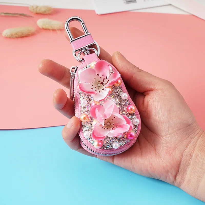 

Car Key Holder Sheath Rhinestone Key Bag Pearl Creative Diamond Key Case Metal Buckle Female Gift Card Holder Wallet Clip Purse