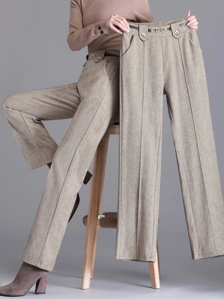 

Woolen Pants for Women Autumn and Winter High Waisted Straight Trousers Herringbone Elastic Waist Loose Wide Leg Pants Women