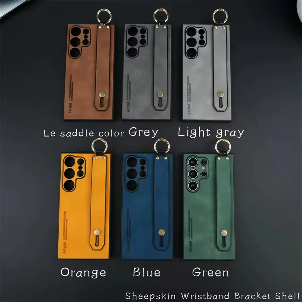 Wristband Holder Leather Phone Case for Samsung Galaxy S25 S23 S22 S24 Ultra Plus Silicone Soft Bumper Ring Buckle Bracket Cover