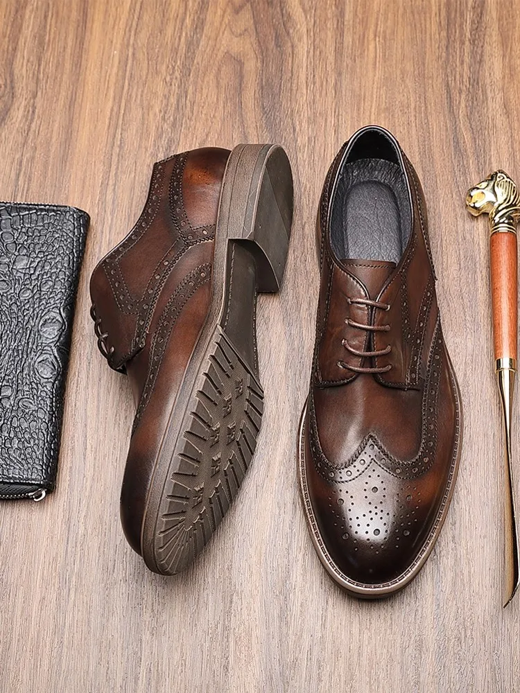 British Style Men Handmade Cowhide Genuine Leather Brogue Wing Tip Business Work Formal Shoes Vintage Groom Wedding Dress Shoes