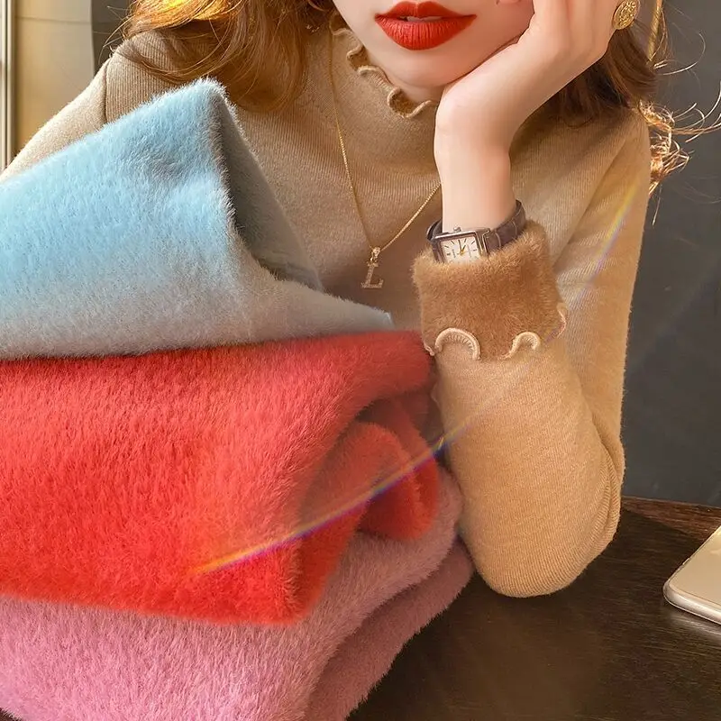 

Women's Mock-neck Thicken Sweaters Winter Slimming Warm Long Sleeve Knitted Tops Casual Basic Lined Soft Pullover Ladies G249