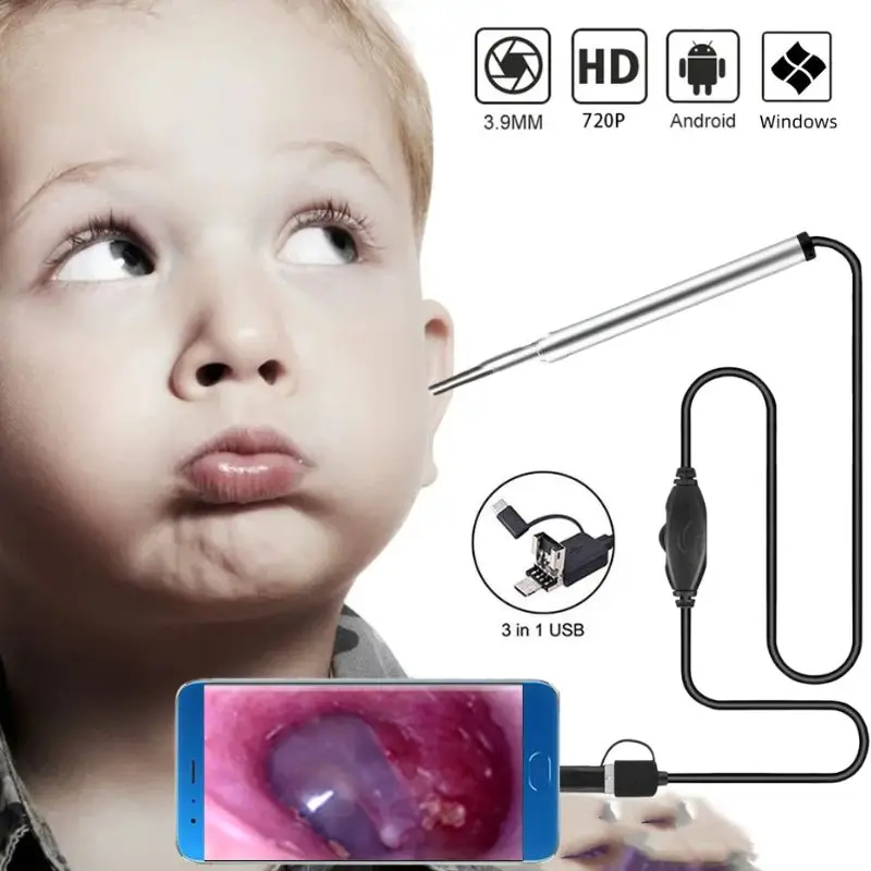 3.9MM HD Visual Ear Endoscope Camera 3 in 1 USB Otoscope Ear Scope Ear Wax Cleaning Tools for Android Phone PC