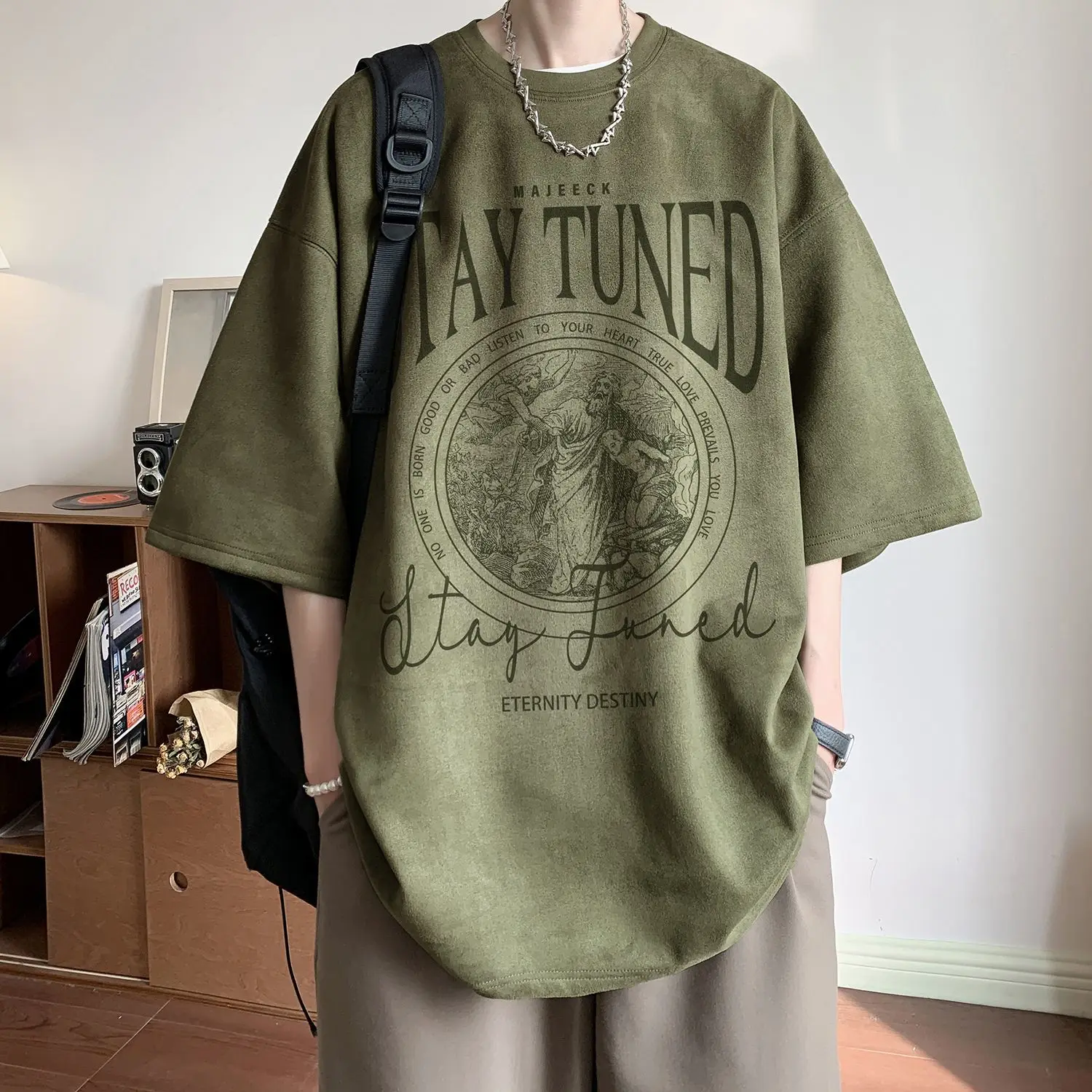 

green suede floral short-sleeved T-shirt for men in summer American retro trendy brand handsome heavy weight half-sleeved tops