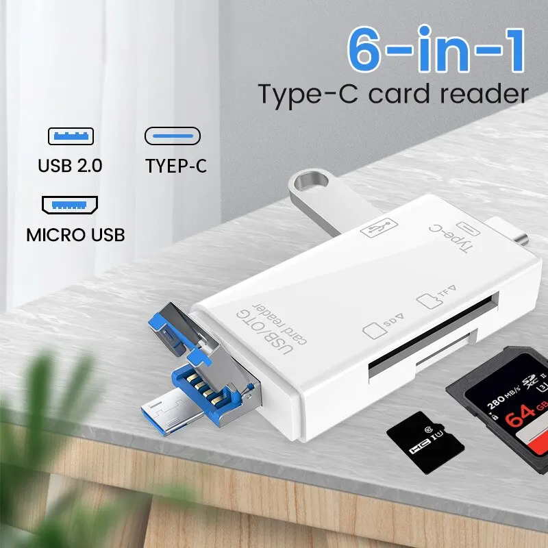 Otg C타입 카드 리더, 스마트 메모리, 플래시 메모리 어댑터, 미니 휴대폰 액세서리, 6in 1, USB 2 0 Tf Mirco Sd