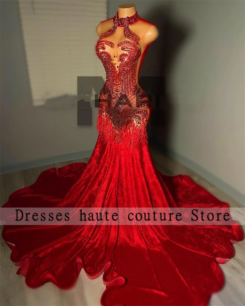 

New Red Velvet Mermaid Prom Dresses Sparkly 2023 For Black Girl Beaded Feather Halter Formal Wedding Party Gowns Robe De Soirée