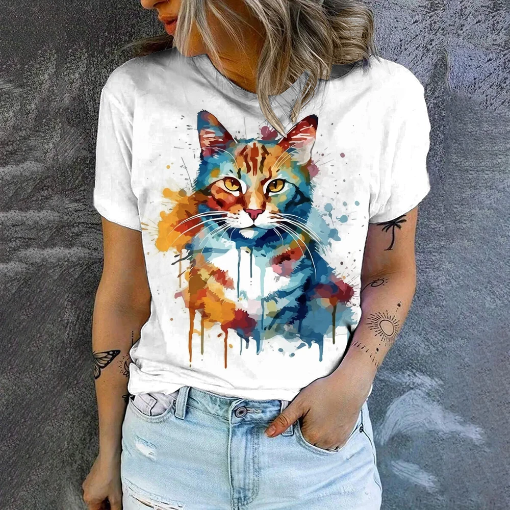 Casual Sports Comfortable O-Neck Short Sleeve Top Summer New Loose Breathable T-shirt Fashion Cat Print Women Short Sleeve