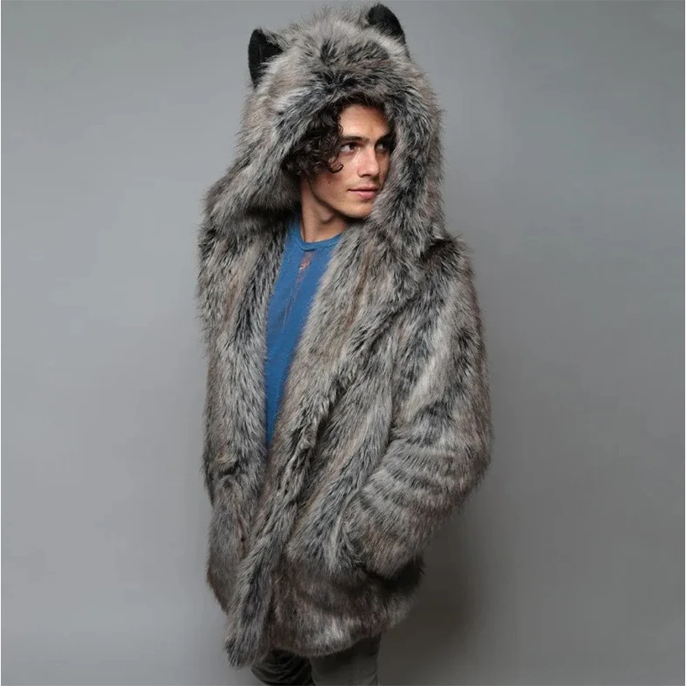Winter Couple Plush Hoodie Men Faux Fur Coat 2023 Fluffy Fleece Casual  men Hooded Fox Bear Ear Warm Long Sleeve Jacket Overcoat