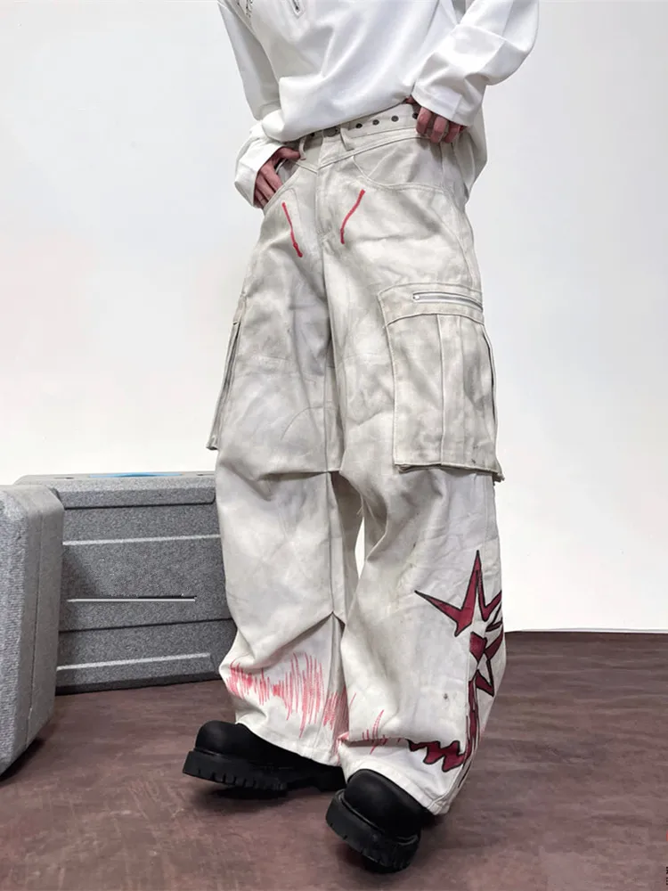 2025 Cyber Y2K Streetwear Dirty Washed White Baggy Cargo Jeans Pants For Men Clothing Wide Leg Straight Vintage Long Trousers 3