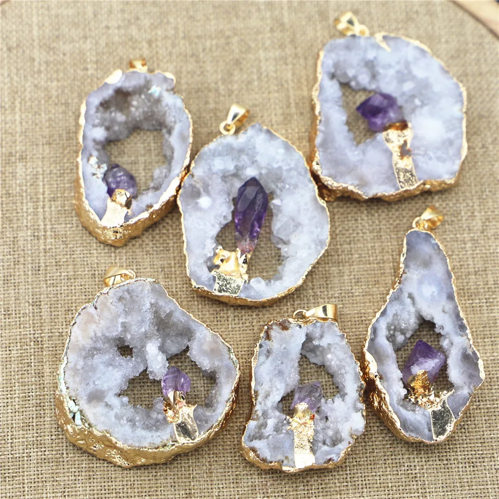 6PCS Hot Geode Stone Agates Healing Slice Pendants Charms Inlaid Natural Amethysts Point Irregular Elegant Quartz Jewelry Making