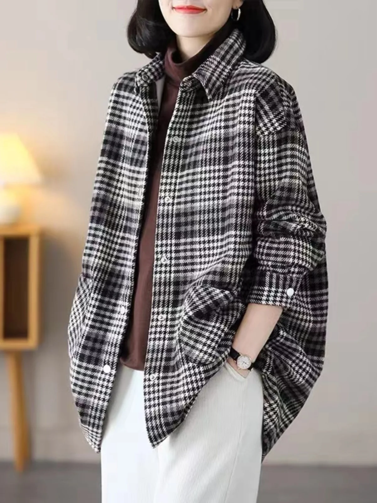 plus Size Women's Casual Plaid irt Long Sve  Collar Loose Fit Regular Length Spring Autumn Outerwear Mom's Clothing