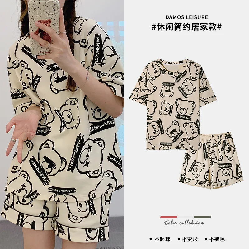 

Sleepwear Lovely Home Suits Cotton Pyjama Short Sleeve Pajamas Set 2023 Women Pijamas Comfortable Girl Summer Loungewear