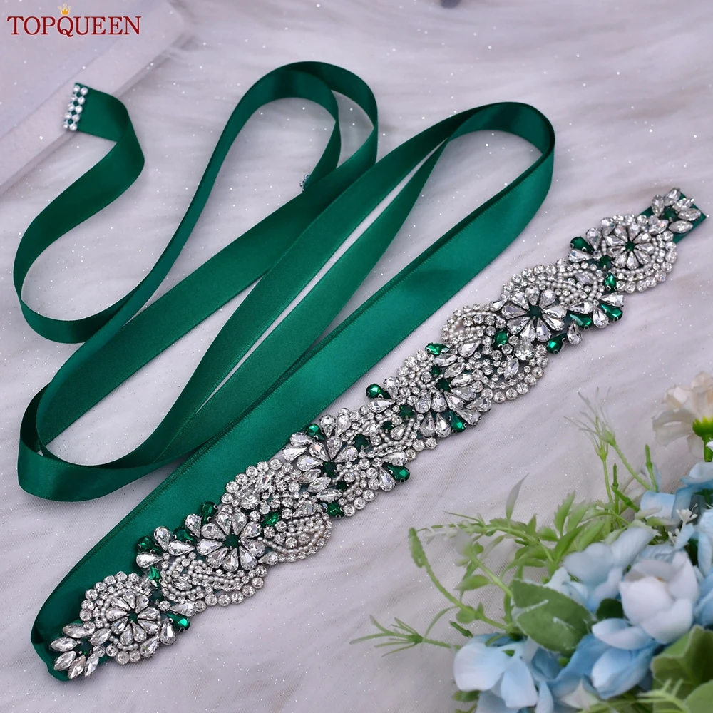 green emerald velvet dress Curled petals and crystals bridal sash