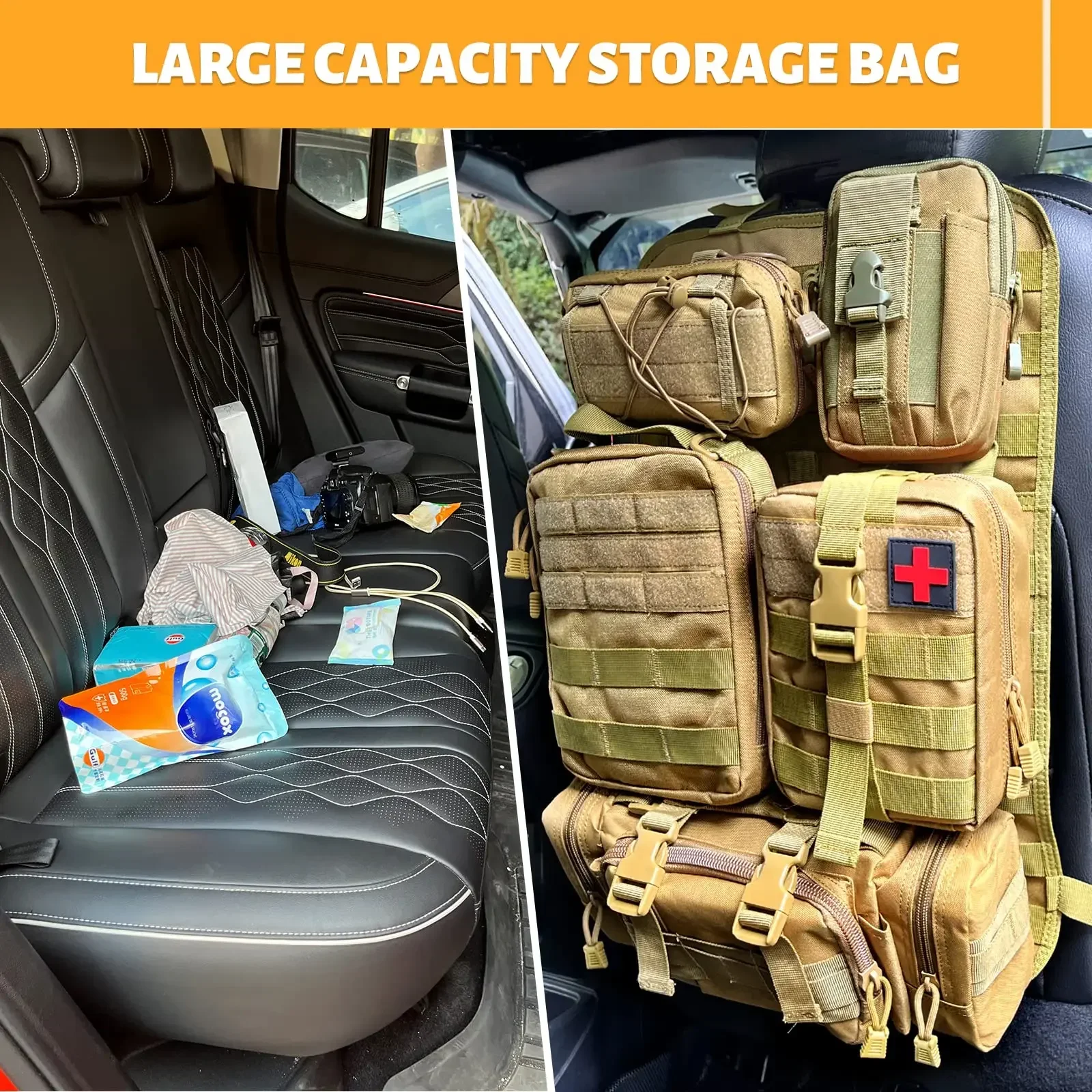 Car Seat Back Organizer Tactical Seat Back Organizer with 5 Molle Bags Universal Vehicle Panel Organizer Storage Bag 4