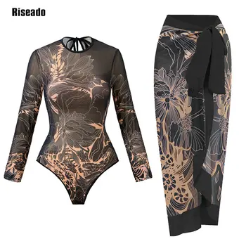 2026 New Trend Mesh Swimwear Women's Sheer Sexy High Waist Surfing One Piece Suit with Pants & Skirt Swimdress Smart Woman