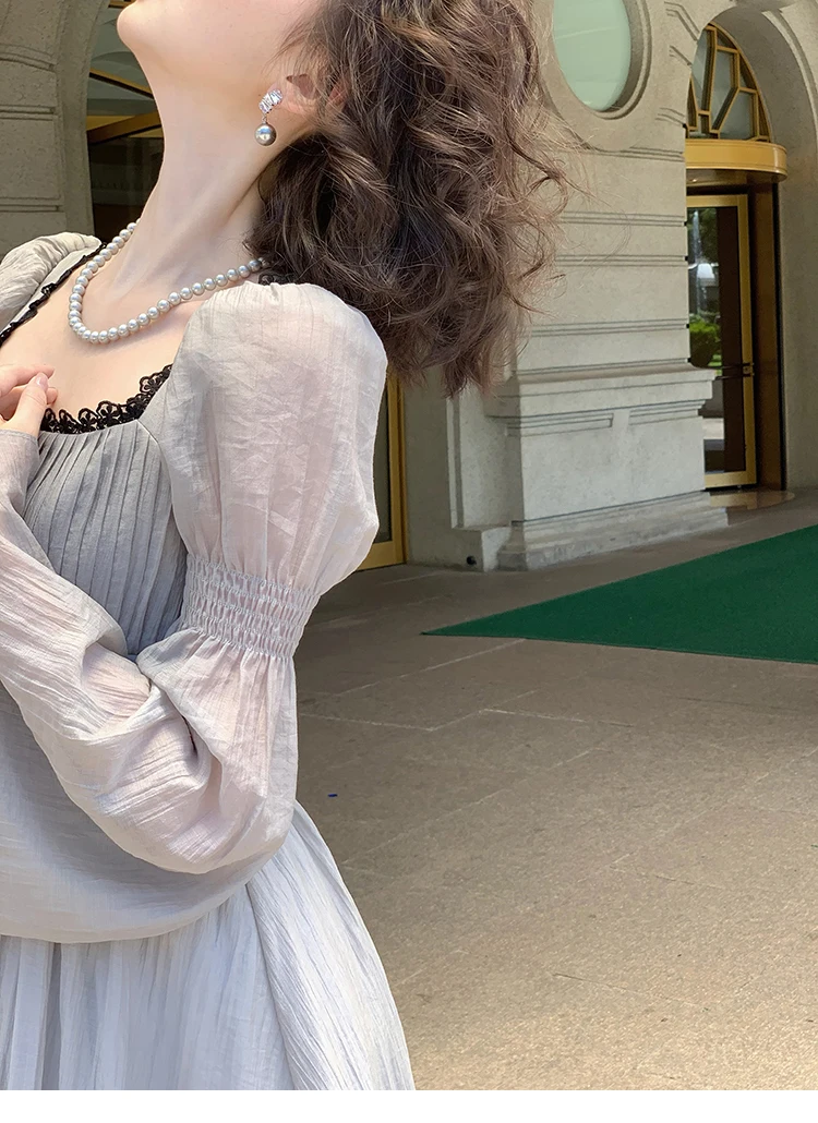 Autumn Princess Midi Dresses for Women Square Collar Flare Sleeve A-line Party Dress Slim Waist Korean One Piece Vestidos New