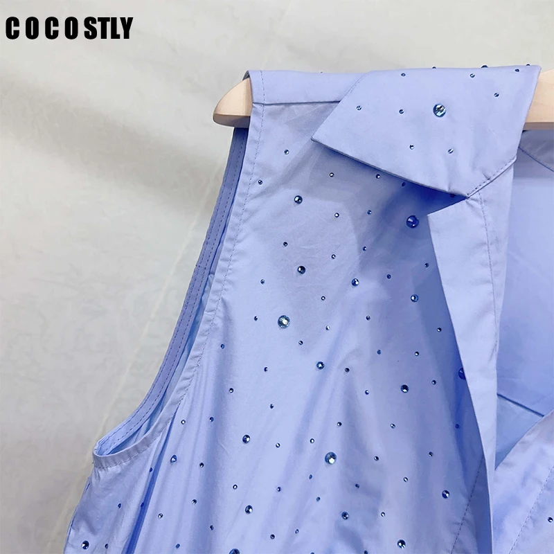 

COCOSTLY 2024 Spring Summer Women Sleeveless Midi Dress Diamonds Decoration Ladies Lace Up Waist Hollow Out Layered Midi Robe