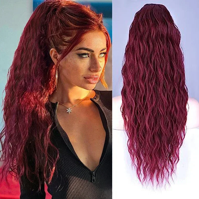 

Long Curly Wavy Ponytail Hair Extension for Women Natural Synthetic Drawstring Ponytail Hairpieces Burgundy Blond Fake Pony Tail