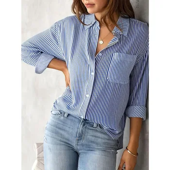 Classic Blue Striped Shirt Women 2026 Spring Streetwear Vintage Long Sleeve Blouses Female Casual Loose Single-Breasted Shirts 1