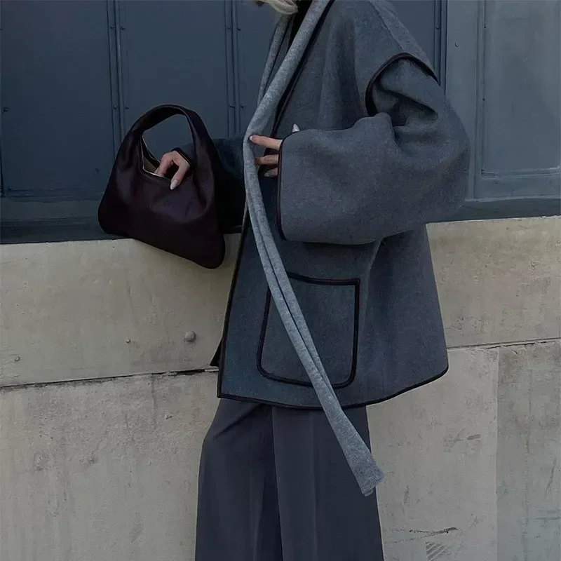 Elegant Patchwork Belt Women's Coats Women Contrast V-neck Long Sleeve Pocket Female Overcoats Autumn Lady New in Outwear