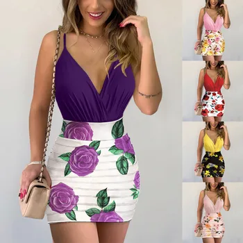 Womens Summer Bodycon Mini Dress Sexy V Neck Floral Patchwork Cami Mini Dress Ladies Flower Print Sleeveless Party Club Dress 1